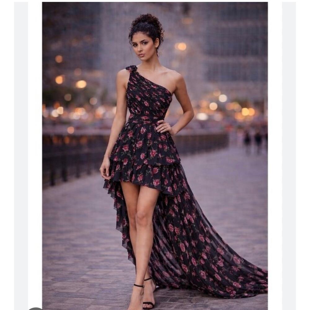 Mac Duggal Black Floral One-Shoulder High-Low Mini Dress